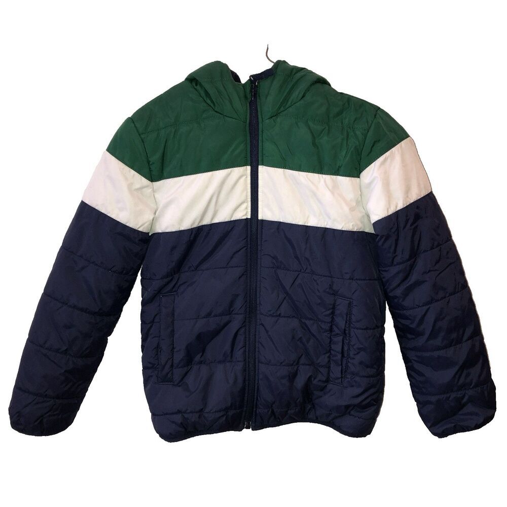 Childrens Place Winter Jacket Hooded Blue Green White Coat Size Medium 7 8 Boys